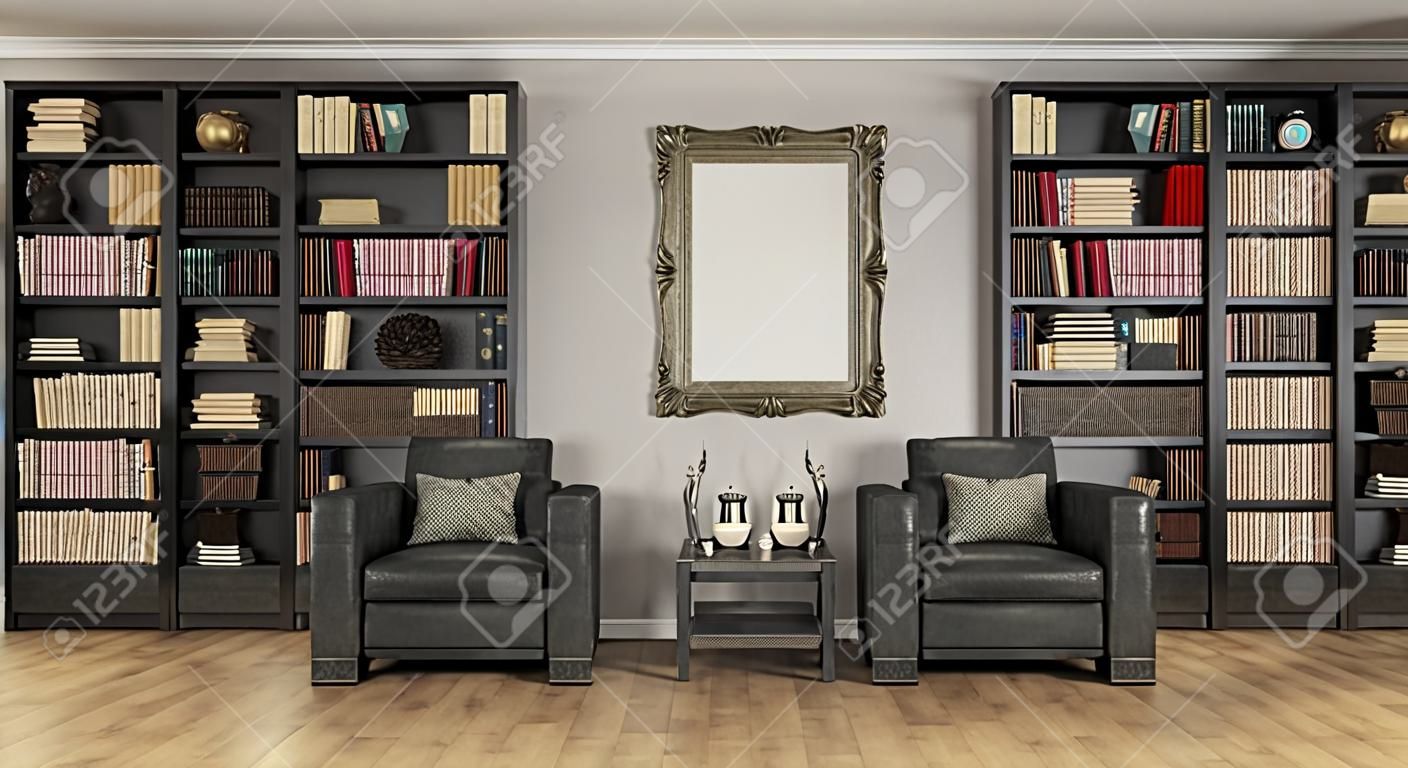 豪华的客厅的大书柜装满了书和两个黑色经典扶手椅- 3D渲染
