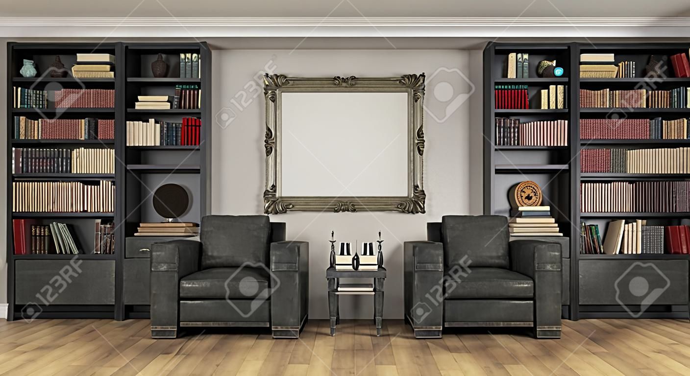 Luxe salon avec grande bibliothèque pleine de livres et de deux fauteuils classiques noir - Rendu 3D