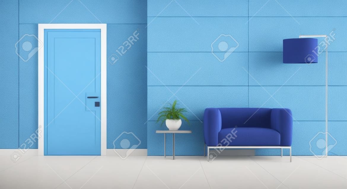 Contemporary home entrance with white door and leather armchair on blue wall paneling - 3d rendering