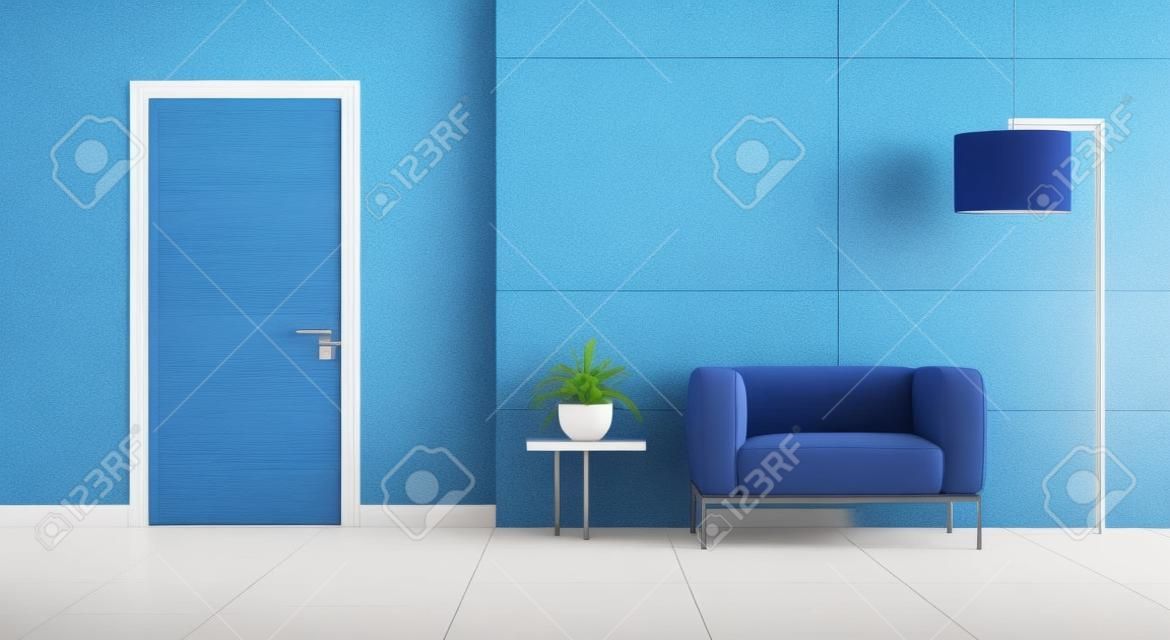Entrée de maison contemporaine avec porte blanche et fauteuil en cuir sur lambris bleu - rendu 3D