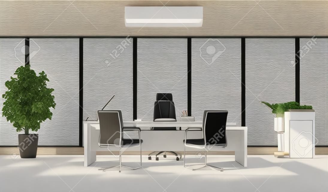 黑色和白色的現代辦公書桌，複印機和大窗戶 -  3D渲染