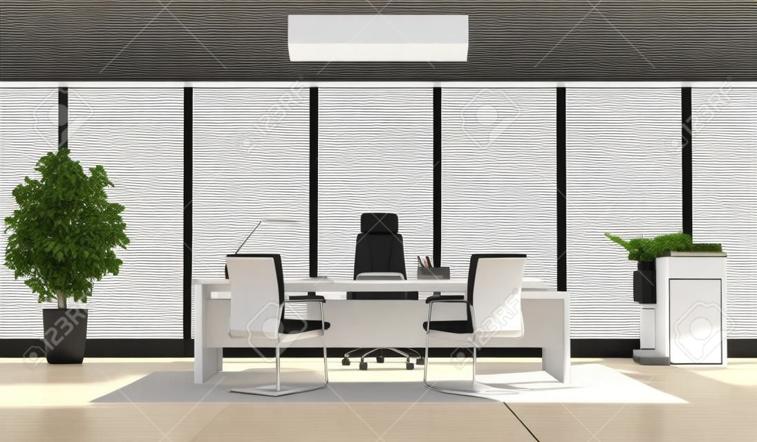 黑色和白色的現代辦公書桌，複印機和大窗戶 -  3D渲染