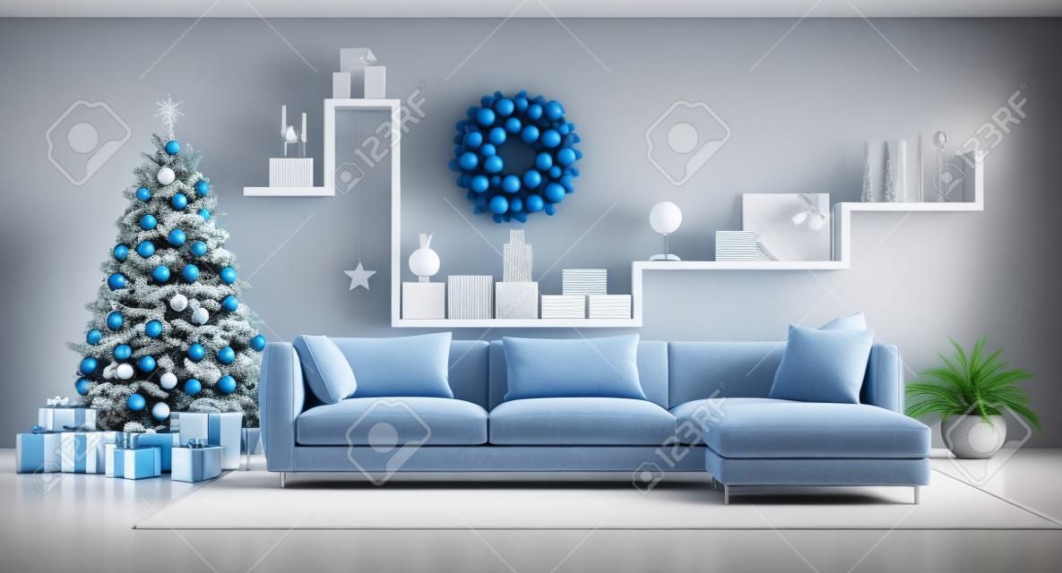 Синяя современная гостиная с елкой, элегантным диваном и белой полкой с предметами декора - 3d-рендеринг