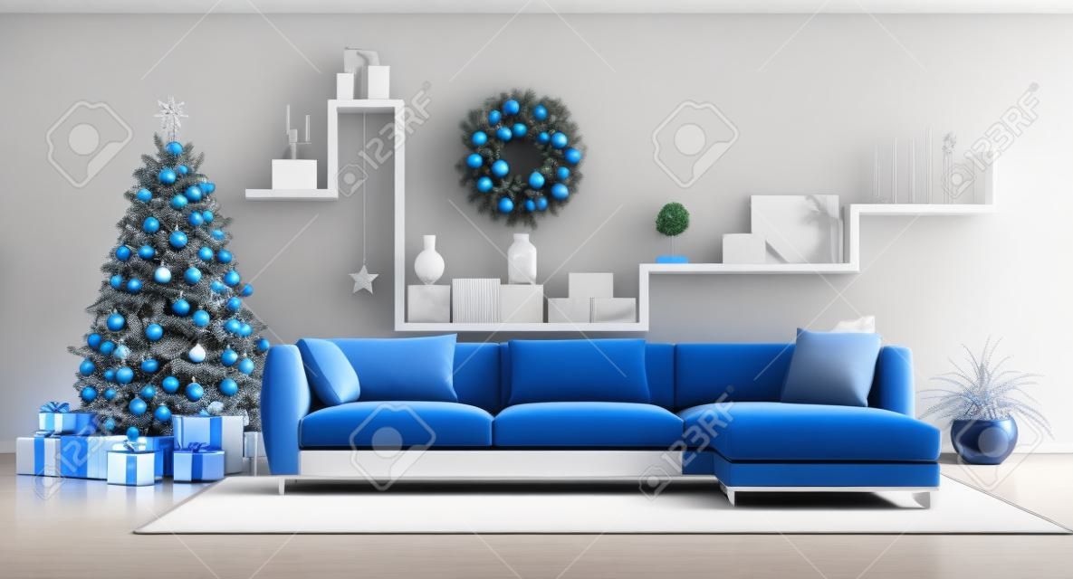 Синяя современная гостиная с елкой, элегантным диваном и белой полкой с предметами декора - 3d-рендеринг