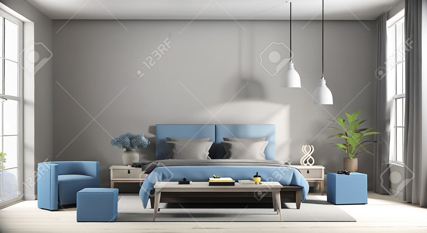Camera da letto principale moderna grigia e blu con mobilia e condizionatore d'aria - rappresentazione 3d
