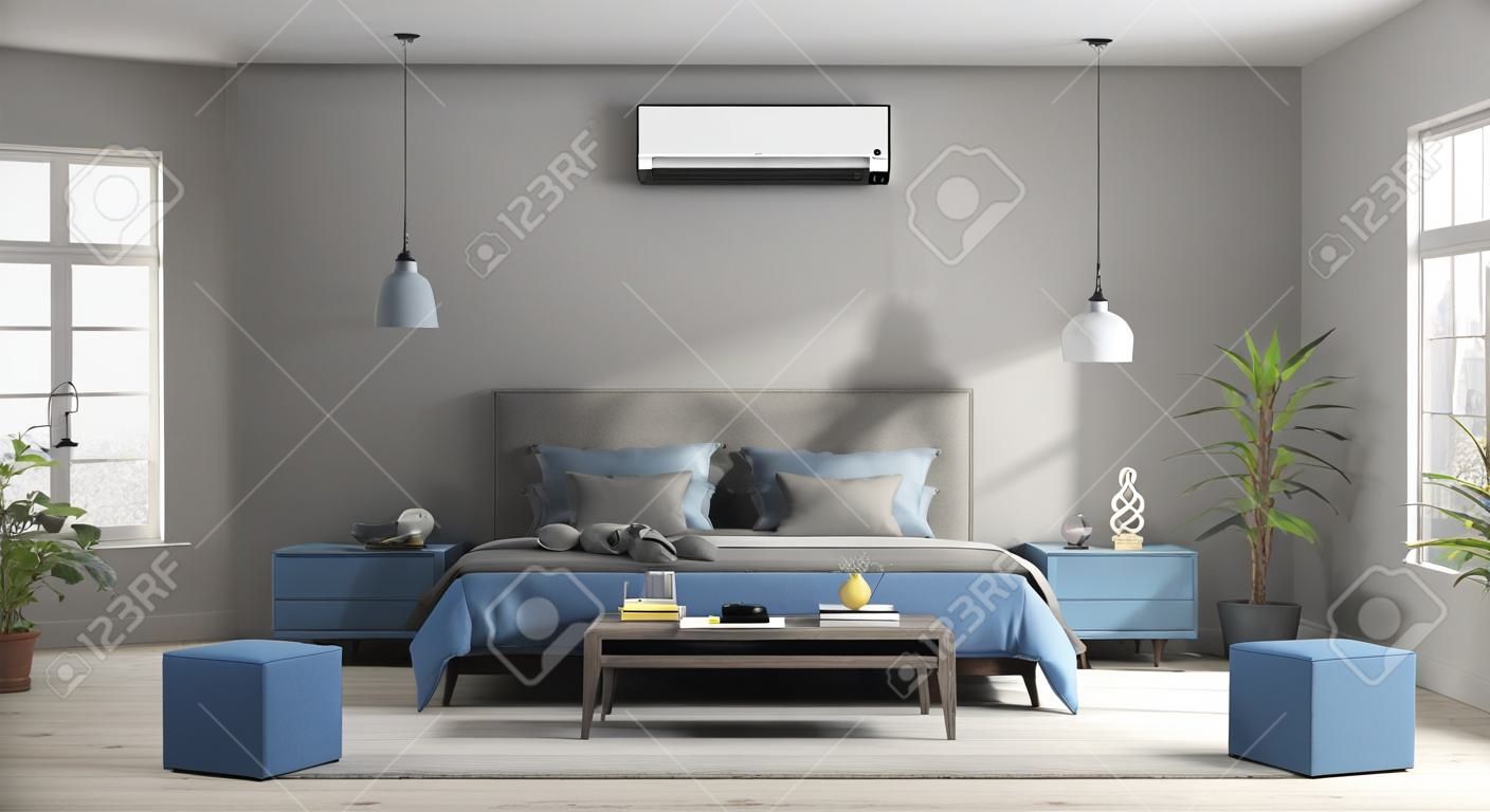 Camera da letto principale moderna grigia e blu con mobilia e condizionatore d'aria - rappresentazione 3d