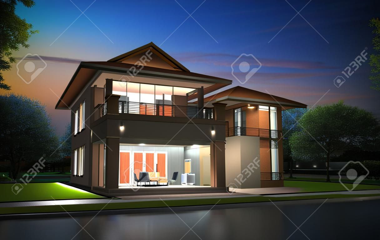 3d rendering, Exclusive two floor tropical modern house in night