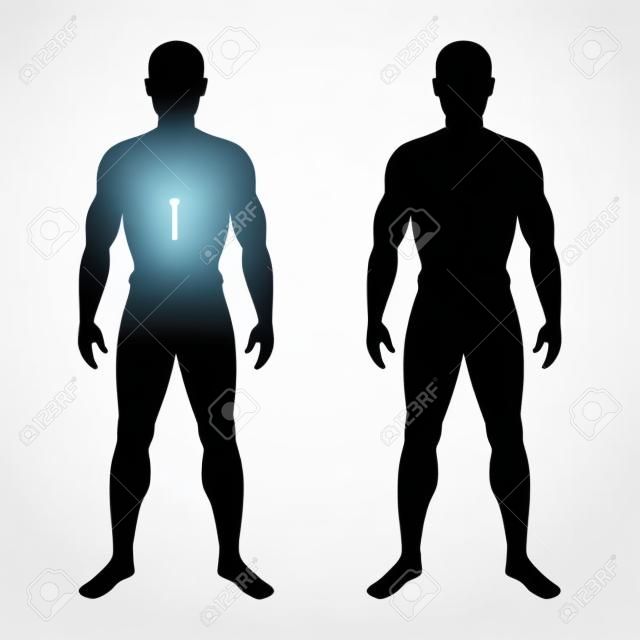 Sylwetka i kontur męskiego ciała ludzkiego. Pojedyncze męskie symbole na białym tle. Ilustracja wektorowa