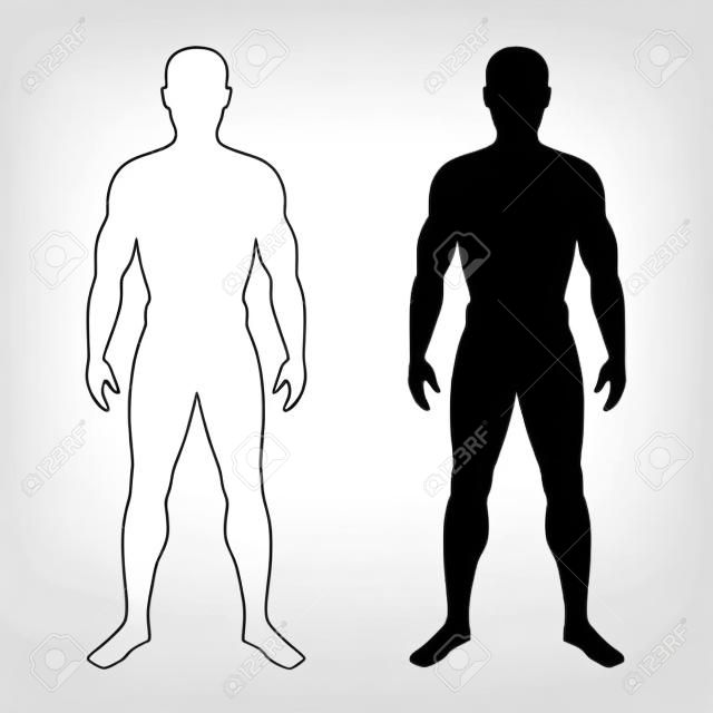 Sylwetka i kontur męskiego ciała ludzkiego. Pojedyncze męskie symbole na białym tle. Ilustracja wektorowa