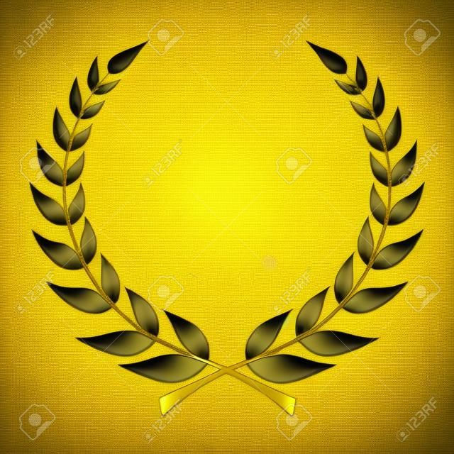 Icona della corona di alloro. Emblema fatto di rami di alloro. Foglie di alloro dorato simbolo di piante di olivo di alta qualità. Segno d'oro isolato su sfondo bianco. Illustrazione vettoriale