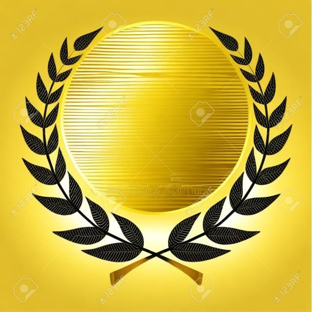 Laurel wreath icon. Emblem made of laurel branches. Golden laurel leaves symbol of high quality olive plants. Golden sign isolated on white background. Vector illustration