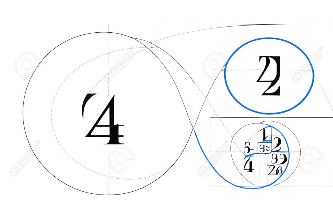 Nombre d'or. nombre de Fibonacci. Division harmonique. Spirale. Notion géométrique. Illustration vectorielle.