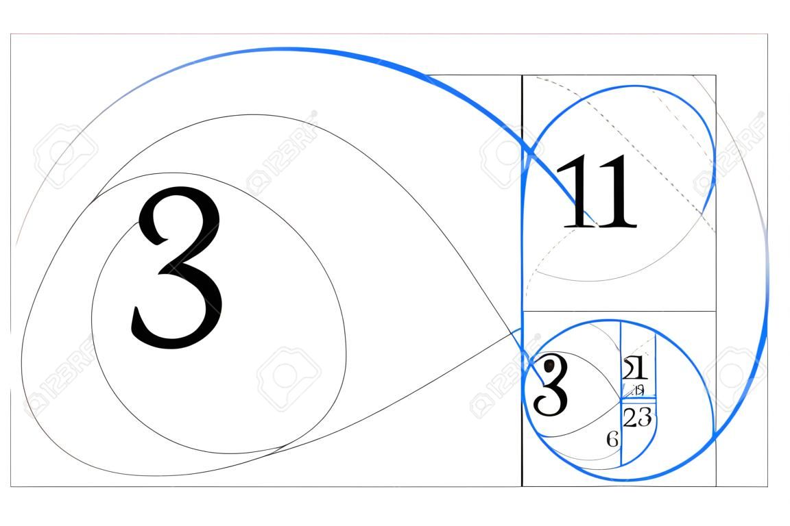 Golden ratio. Fibonacci number. Harmonic division. Spiral. Geometric concept. Vector illustration.