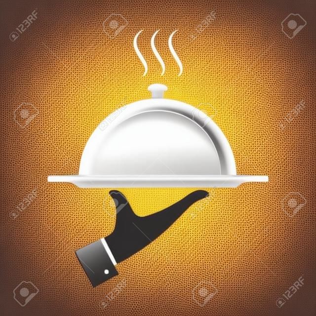 Serving food icon. Sign hand of waiter with serving tray. Waiter serving. Isolated symbol on white background. Vector illustration