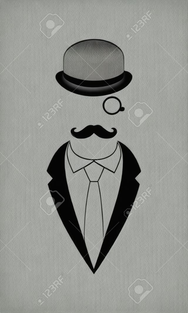 Person graphic icon. Unknown man with mustaches in suit and necktie and bowler hat monocle. Graphic sign isolated on white background. Vector illustration