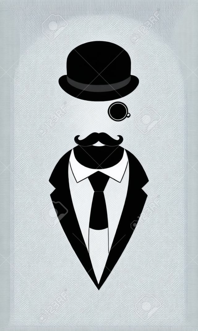 Person graphic icon. Unknown man with mustaches in suit and necktie and bowler hat monocle. Graphic sign isolated on white background. Vector illustration