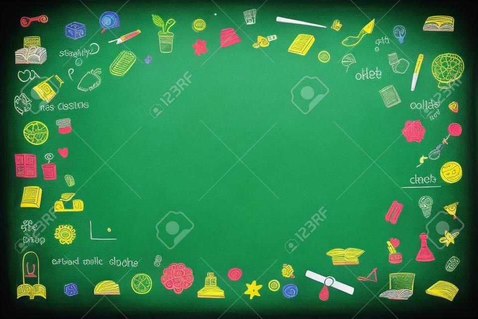 Doodle on green school teacher's chalkboard background with blank copyspace for childhood imagination and education success concept