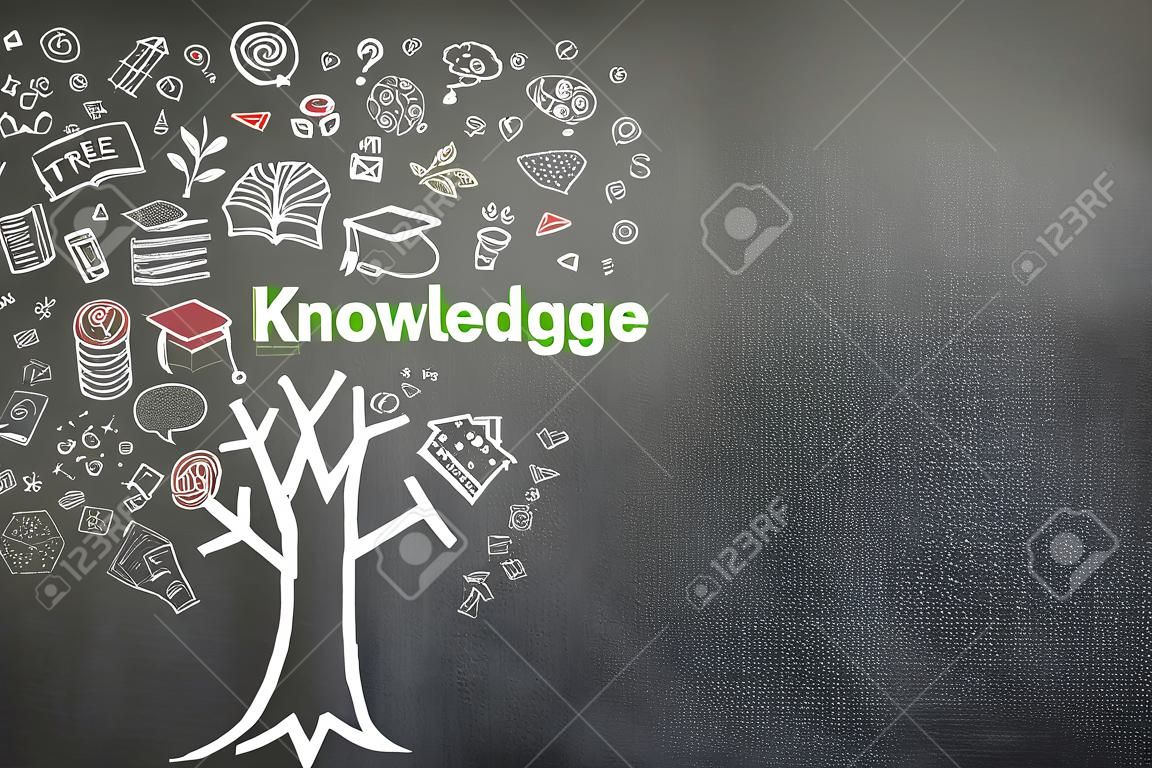 낙서와 검은 칠판 배경에 지식 교육 개념의 나무