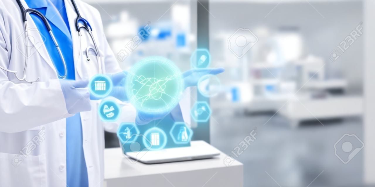 Medical Health Tech Science AI-Technologie, innovatives iot globales Gesundheitswesen mit Arzt für Telemedizin, Telemedizindienst, der Online-Daten von Patientendaten im Krankenhauslabor analysiert
