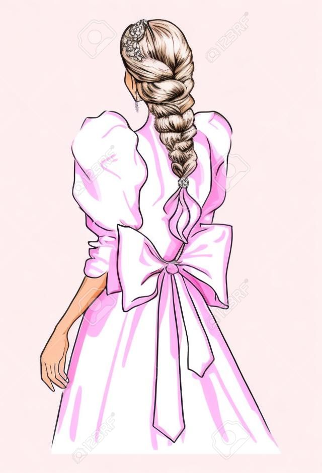 Handgezeichnete Illustration Frau in hellrosa Kleid. Schönes Modekunstmädchen steht mit ihrem Rücken in einem schönen Kleid mit großen Ärmeln und Schleife. abendkleidillustration, modedivaillustration