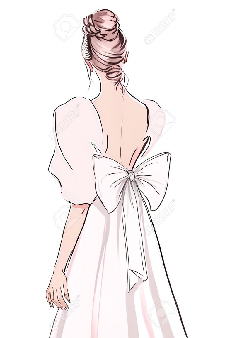 Hand drawn illustration woman in light pink dress. Beautiful fashion art girl stands with her back in a beautiful dress with big sleeves and bow. evening dress illustration, fashion diva illustration