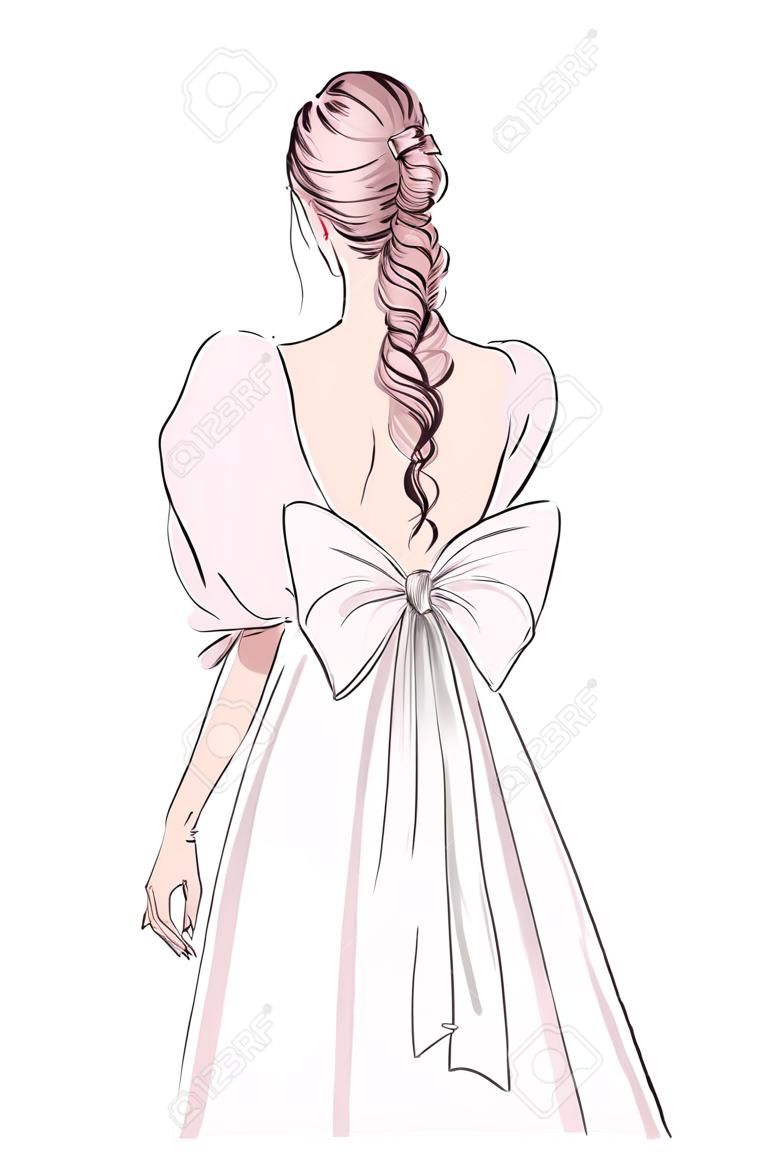 Hand drawn illustration woman in light pink dress. Beautiful fashion art girl stands with her back in a beautiful dress with big sleeves and bow. evening dress illustration, fashion diva illustration