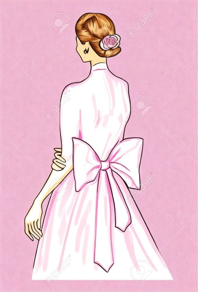 Hand drawn illustration pretty woman in glamour pink dress. big bow on a dress art drawing. ginger hair girl stands with her back in a beautiful dress elegant illustration. Bridal card illustration