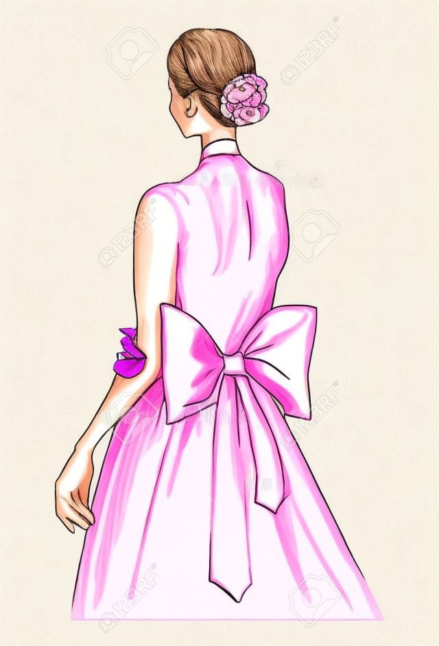 Hand drawn illustration pretty woman in glamour pink dress. big bow on a dress art drawing. ginger hair girl stands with her back in a beautiful dress elegant illustration. Bridal card illustration