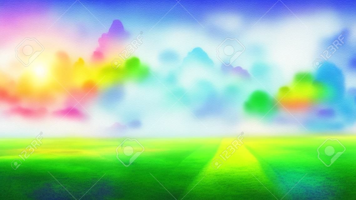 Campo de fondo de paisaje hermoso y colorido con renderizado 3d de estilo acuarela