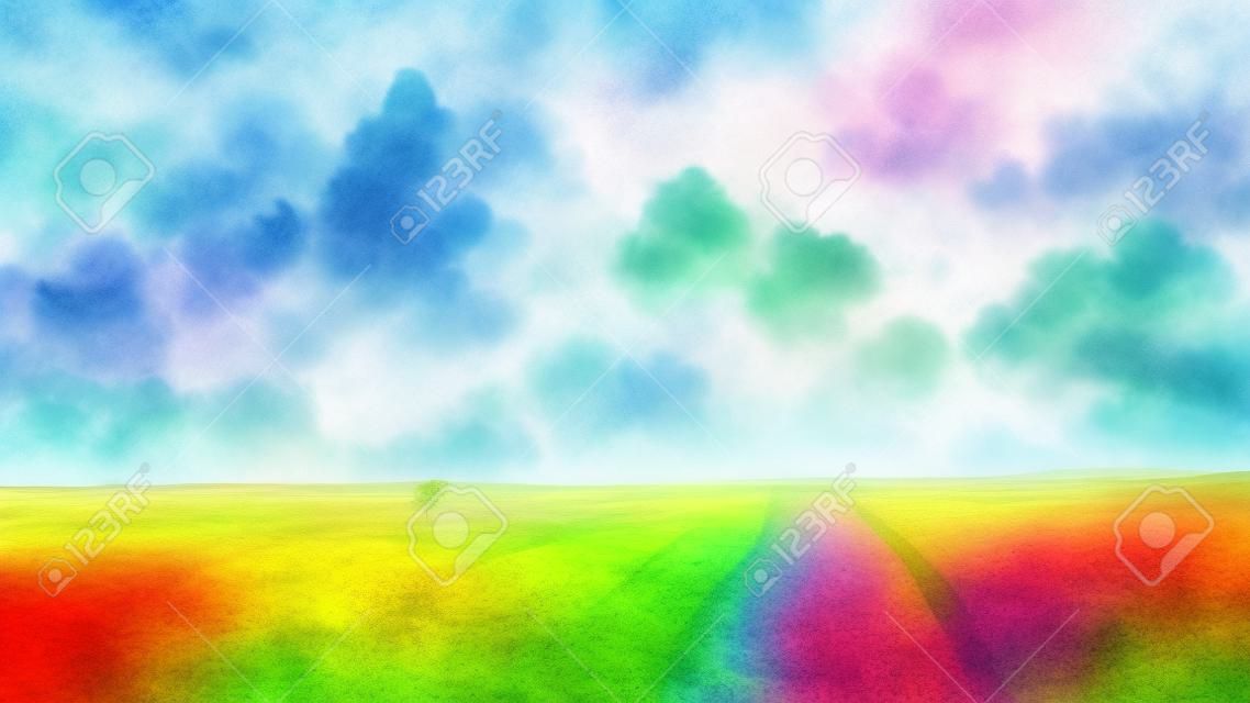Campo de fondo de paisaje hermoso y colorido con renderizado 3d de estilo acuarela
