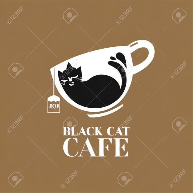 Black Cat Tea Drink Mug Cafe Logo Design vector illustration