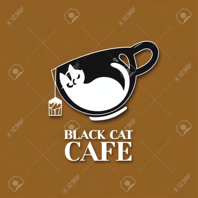 Black Cat Tea Drink Mug Cafe Logo Design vector illustration