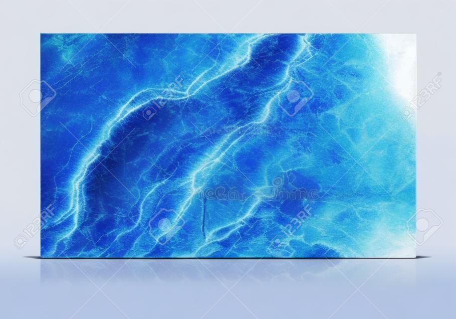 Blue marble tile standing on the white background with reflections and shadows. Texture for design. 2D illustration. Natural beauty