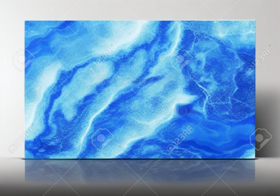Blue marble tile standing on the white background with reflections and shadows. Texture for design. 2D illustration. Natural beauty