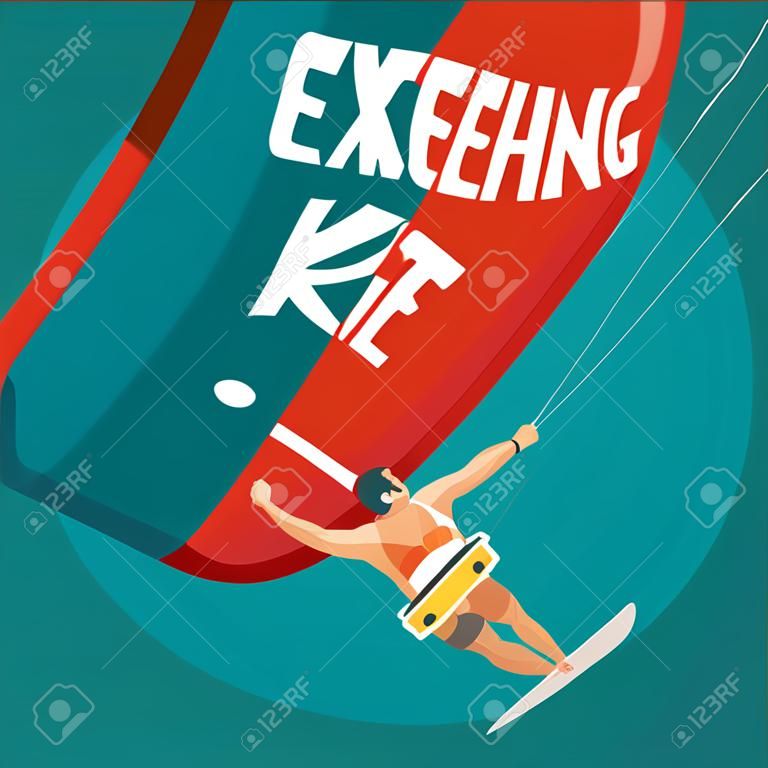 Vrolijke sportman borstels staan op het kiteboard en houden de power kite met twee handen - Extreme sport of kitesurfen concept