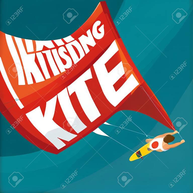 Vrolijke sportman borstels staan op het kiteboard en houden de power kite met twee handen - Extreme sport of kitesurfen concept