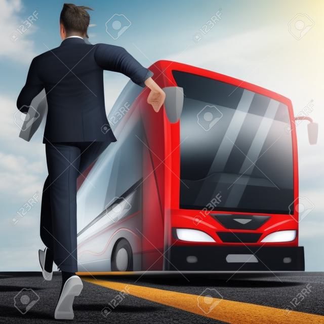 빨간색 현대 승객 버스를 실행하는 도로에서 비즈니스 정장에 젊은 성인 남자가있다. 누락 또는 늦은 개념