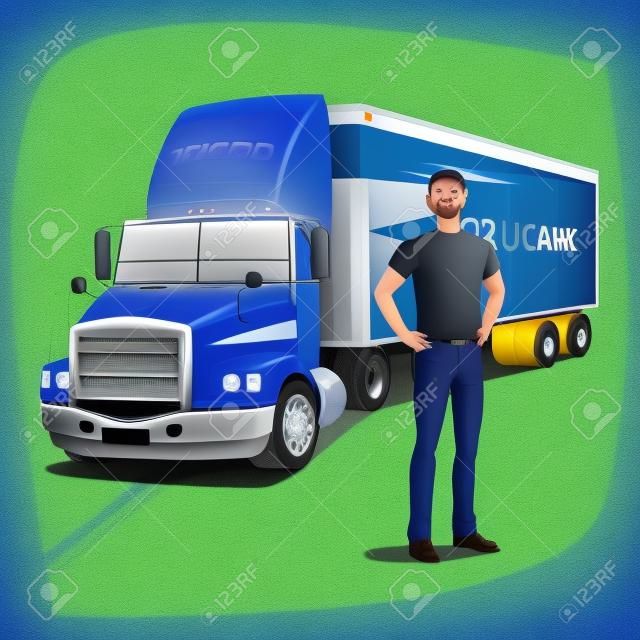 Young unshaved truck driver in full body. In the background cargo transport vehicle, box truck or lorry, with streamlined cab. Concept trucking or shipping
