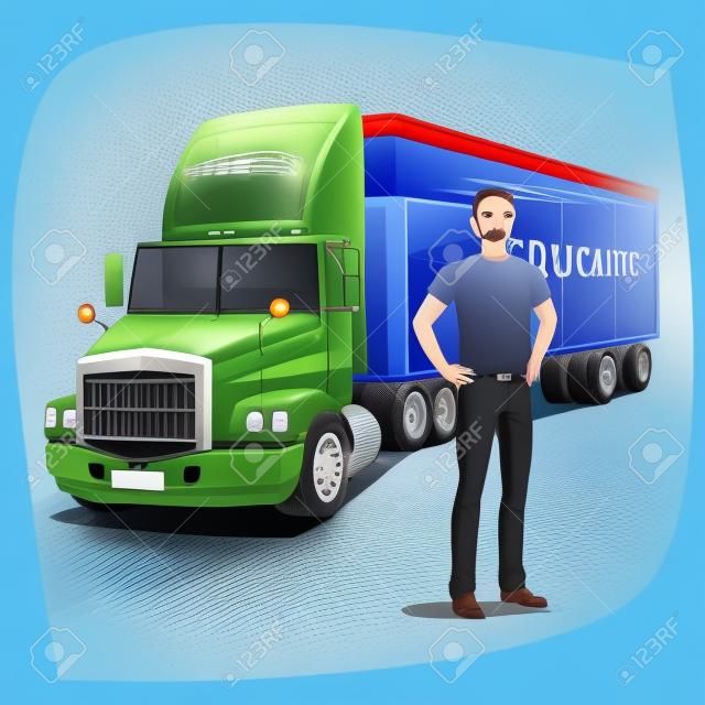 Young unshaved truck driver in full body. In the background cargo transport vehicle, box truck or lorry, with streamlined cab. Concept trucking or shipping