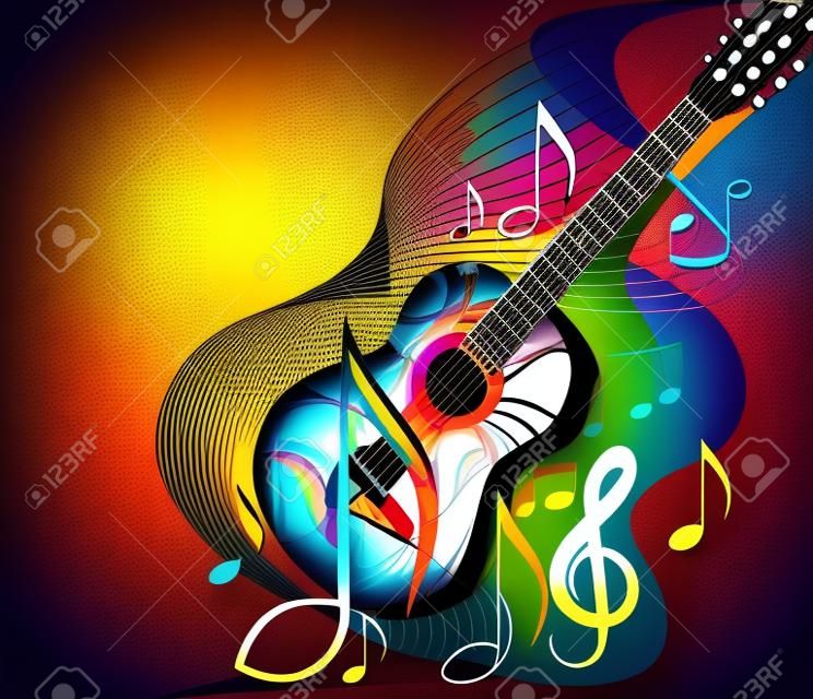 Colorful abstract music background with guitar, musical notes and treble clef.
