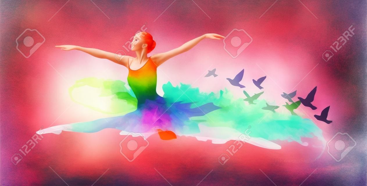 Colorida bailarina de ballet, pintura digital con pájaros volando