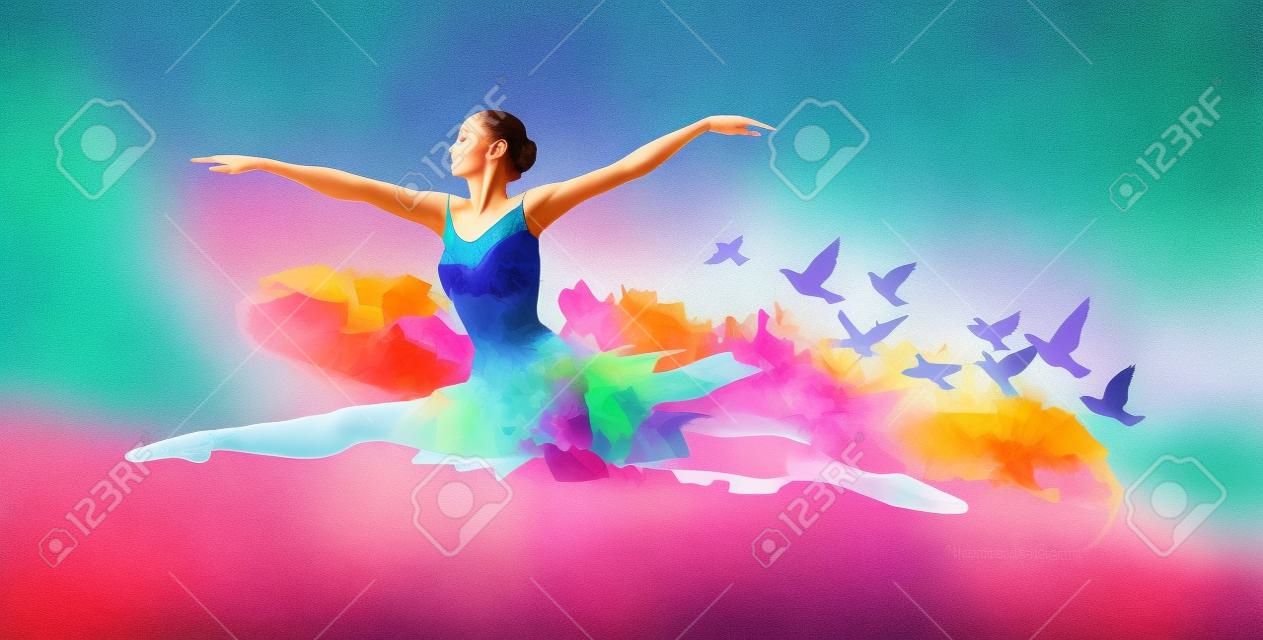 Colorida bailarina de ballet, pintura digital con pájaros volando
