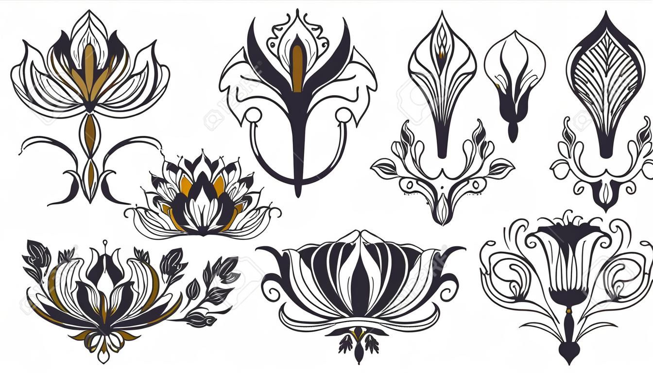 Ozdoby kwiatowe w stylu secesyjnym i art deco, nowoczesne elementy vintage kwiatowe. Styl retro dekoracji. Tatuaż symbol. Ilustracja wektorowa.