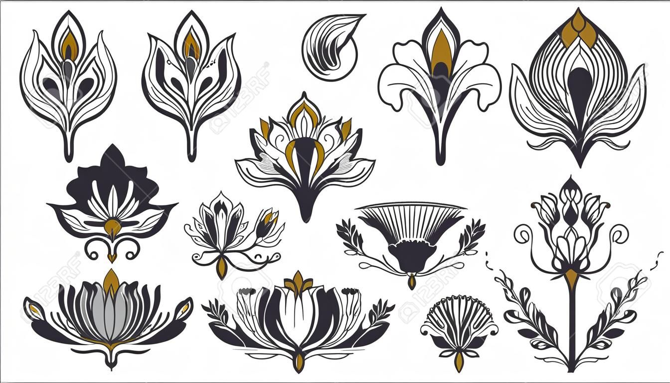 Ornamenti floreali in stile art nouveau e art deco, elementi vintage floreali moderni. Stile di decorazione retrò. Simbolo del tatuaggio. Illustrazione vettoriale.