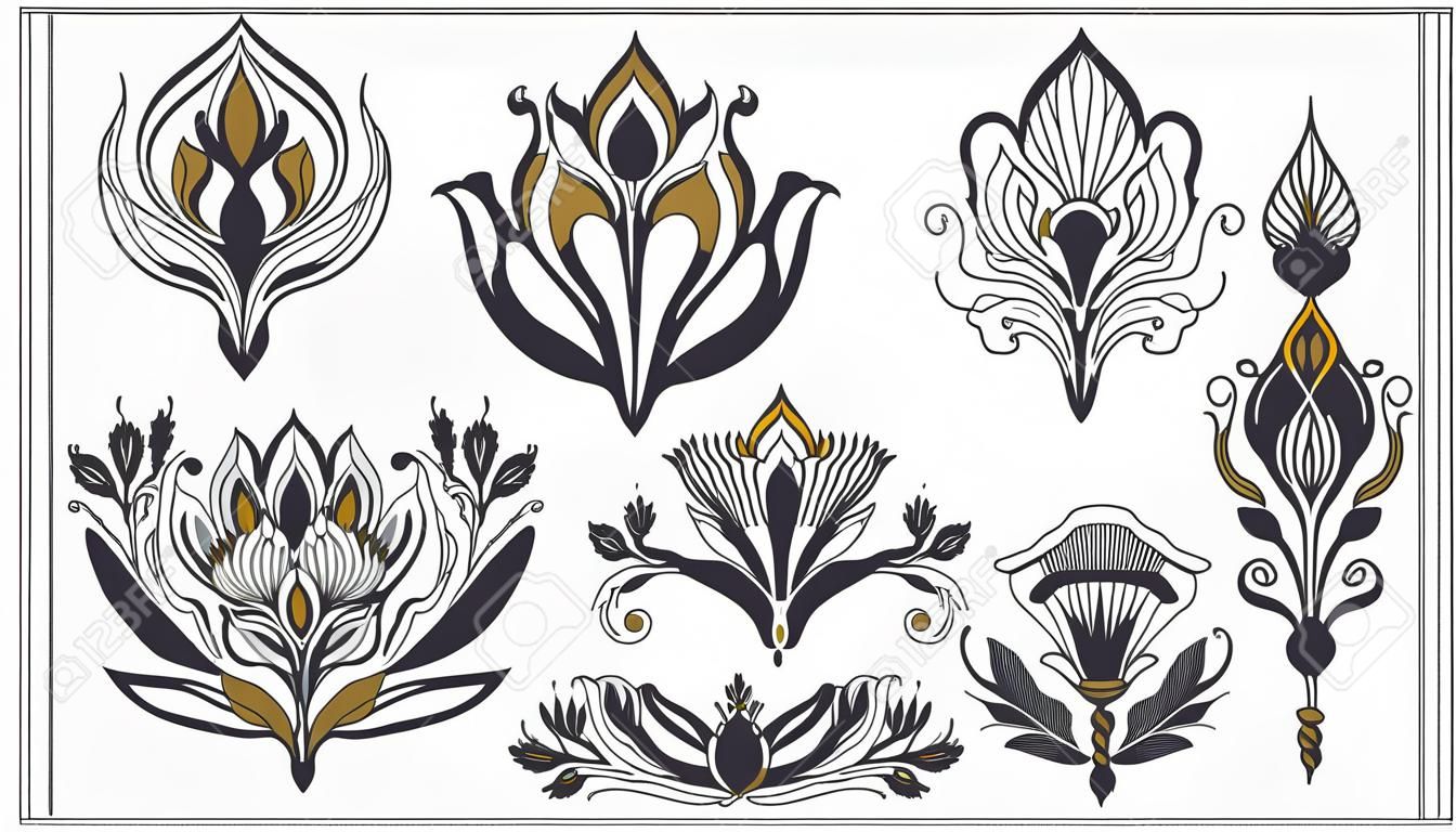 Ornamenti floreali in stile art nouveau e art deco, elementi vintage floreali moderni. Stile di decorazione retrò. Simbolo del tatuaggio. Illustrazione vettoriale.