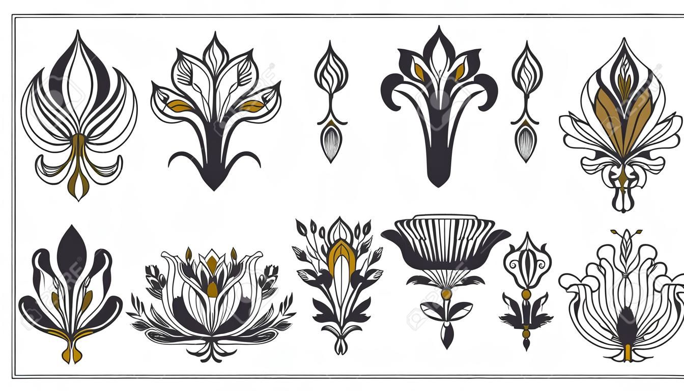 Art nouveau and art deco floral ornaments, modern flower vintage elements. Retro decoration style. Symbol tattoo. Vector illustration.