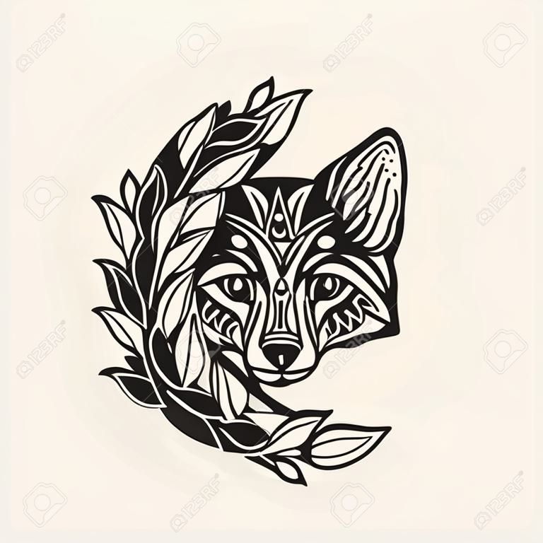 Moon crescent totemic fox animal mandala.Astrology boho witch symbol amulet.Sacred mystic decoration trendy style