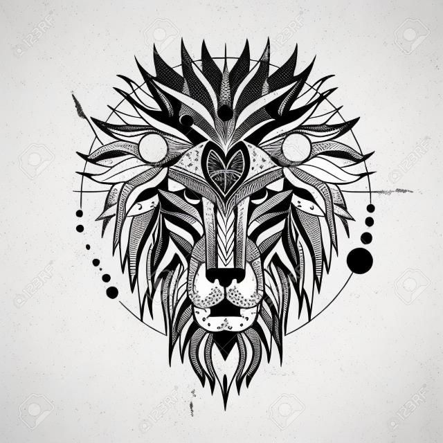 Tête à motifs du lion sur fond blanc. Conception africaine / indienne / totem / tatouage. Il peut être utilisé pour la conception d'un t-shirt, sac, carte postale, une affiche et ainsi de suite.