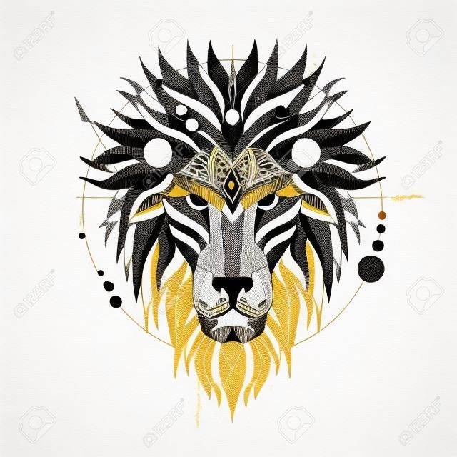 Tête à motifs du lion sur fond blanc. Conception africaine / indienne / totem / tatouage. Il peut être utilisé pour la conception d'un t-shirt, sac, carte postale, une affiche et ainsi de suite.