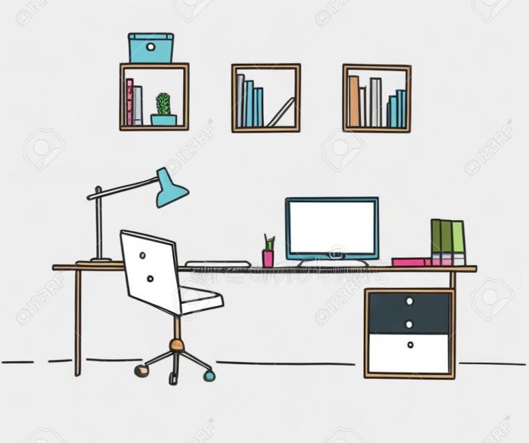 Esboce a sala. Cadeira de escritório, mesa, vários objetos na mesa. Esboce o espaço de trabalho.